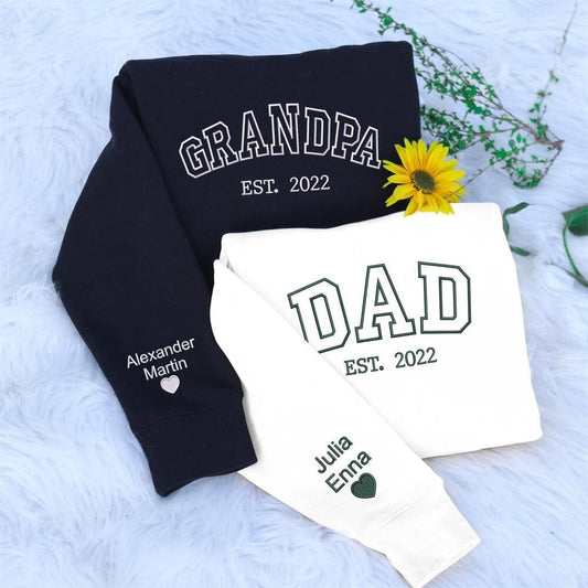 Gift For Dad - Personalized Embroidered DAD/GRANDPA Sweatshirt with EST Year and Kid Names on Sleeve